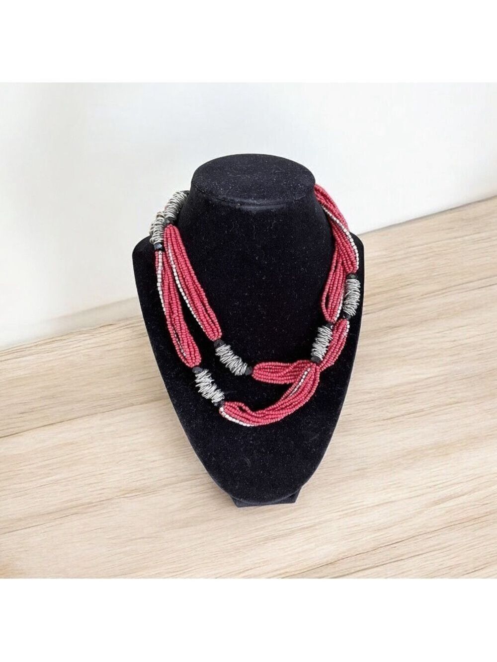 Necklace, Beaded and Wire Wrapped, Silver-Tone, Burgundy and Black Beads